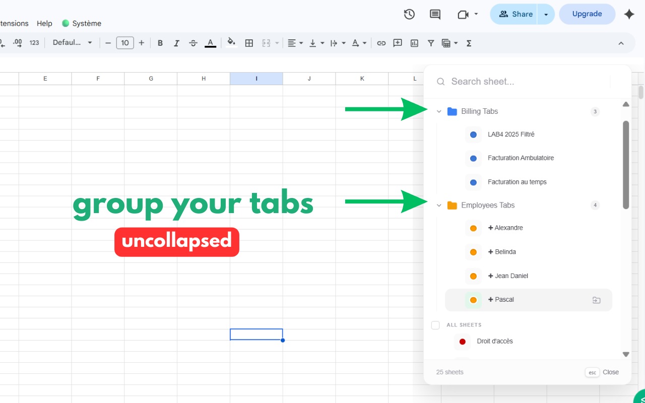 Uncollapsed tab group in Sheets Organizer